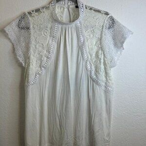 Cable & Gauge Ivory  Cap Sleeve Lace & Crochet Detail Mock Neck Blouse Size XL